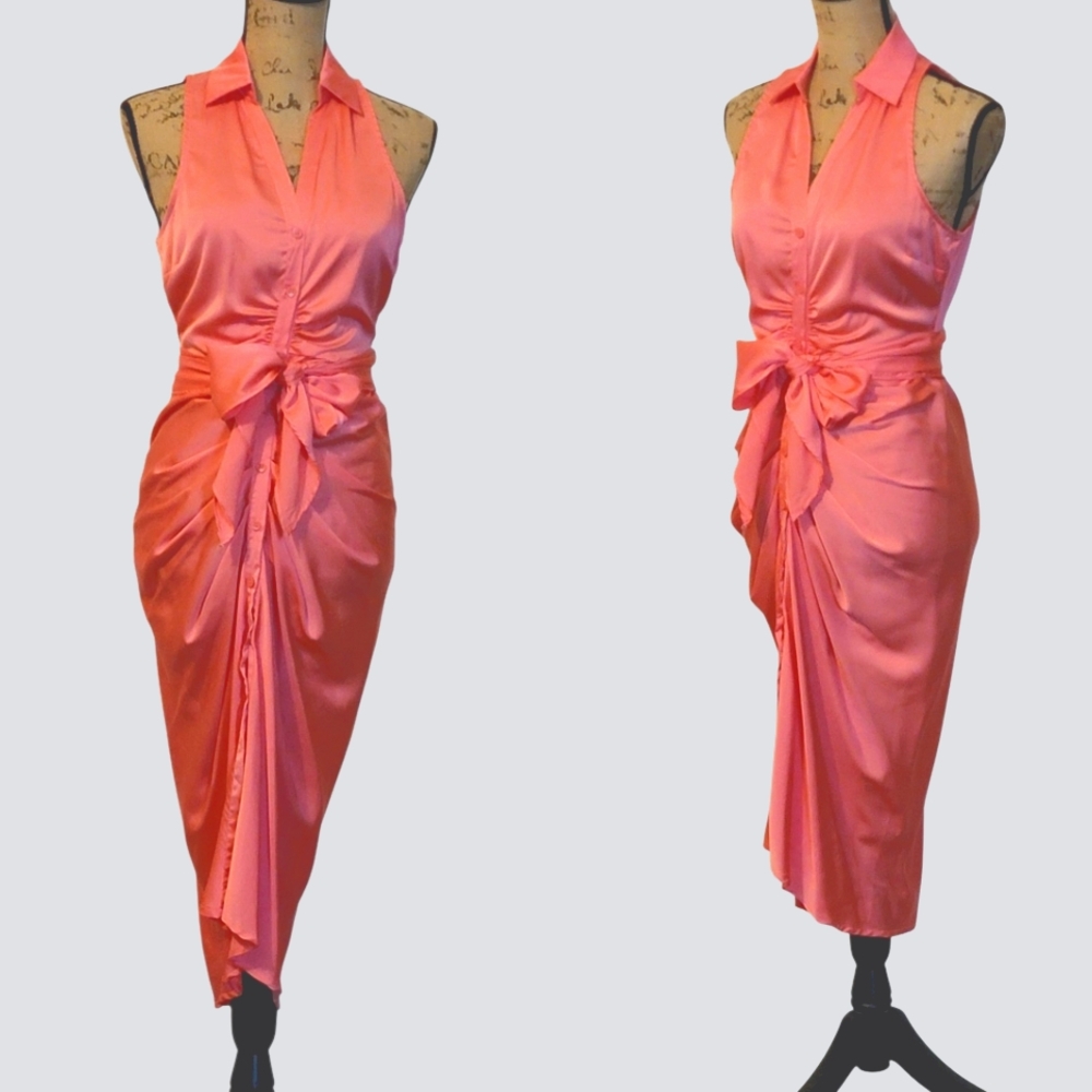Do+Be Satin Ruched Button Down Bow Midi Dress